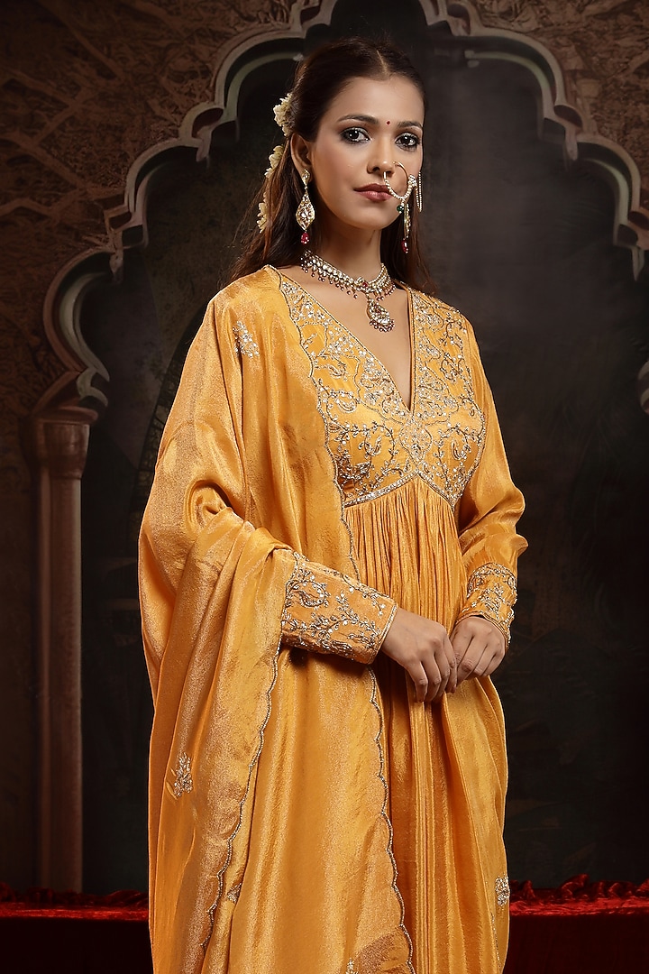 Mustard Tissue Organza Zardosi Embroidered Wedding Anarkali Set by Miku Kumar at Pernia's Pop Up Shop