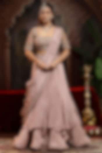 Lilac Tissue Organza Draped Ruffle Wedding Lehenga Saree Set by Miku Kumar at Pernia's Pop Up Shop