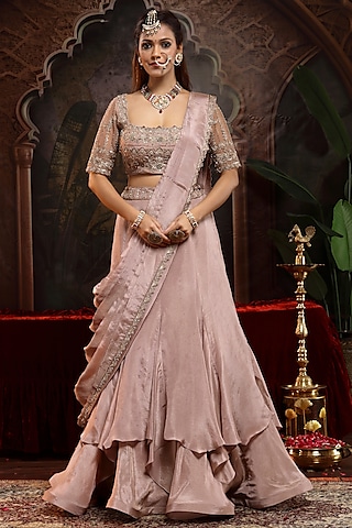 Lilac Tissue Organza Draped Ruffle Lehenga Saree Set by Miku Kumar