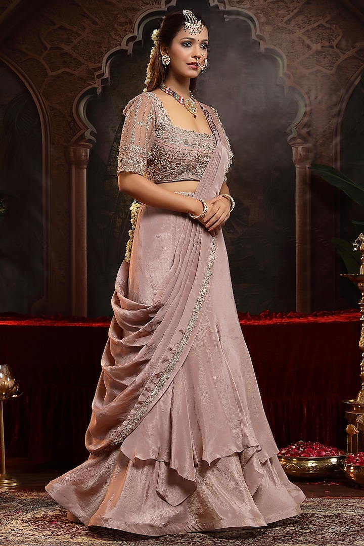 Lilac Tissue Organza Draped Ruffle Wedding Lehenga Saree Set by Miku Kumar at Pernia's Pop Up Shop