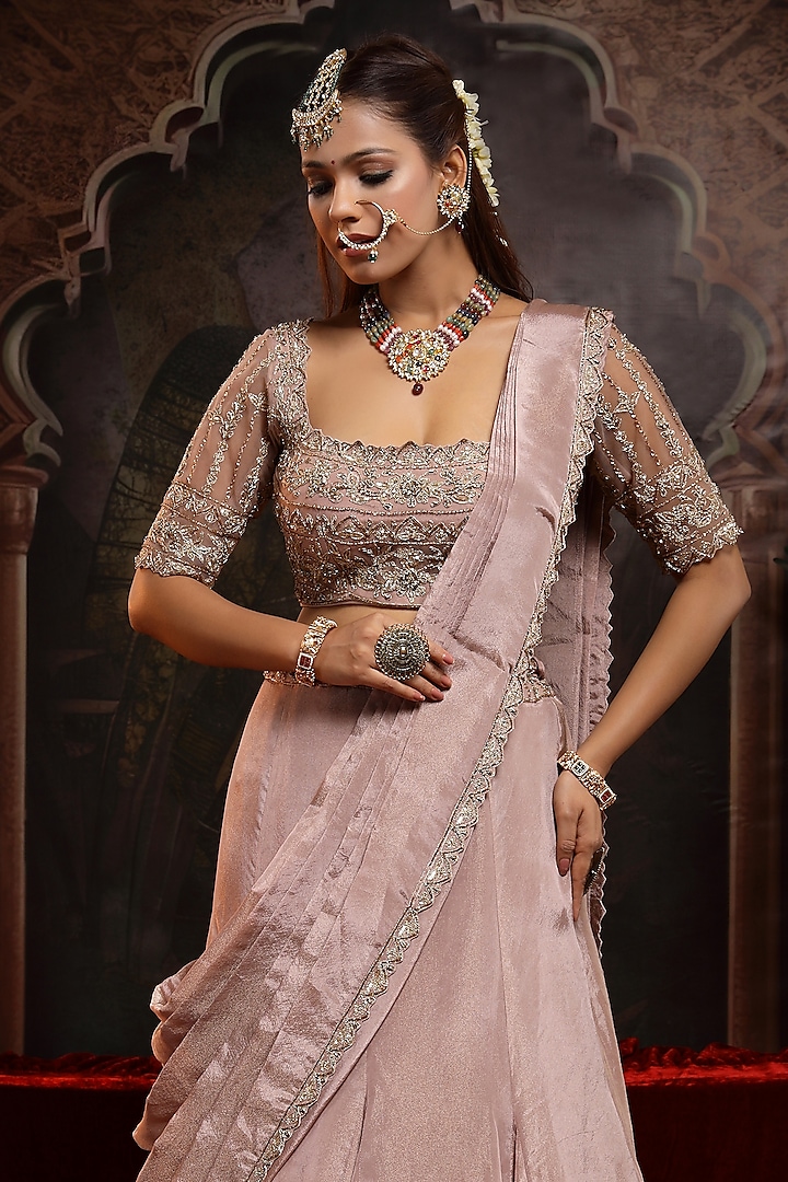 Lilac Tissue Organza Draped Ruffle Wedding Lehenga Saree Set by Miku Kumar at Pernia's Pop Up Shop