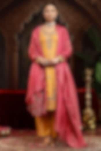 Yellow Tissue Organza Zardosi Embroidered Straight Kurta Set by Miku Kumar at Pernia's Pop Up Shop