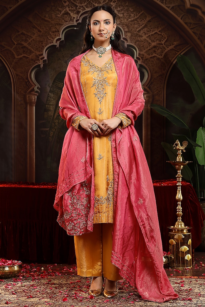 Yellow Tissue Organza Zardosi Embroidered Straight Kurta Set by Miku Kumar at Pernia's Pop Up Shop