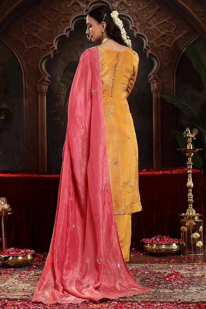 Yellow Tissue Organza Zardosi Embroidered Straight Kurta Set by Miku Kumar at Pernia's Pop Up Shop
