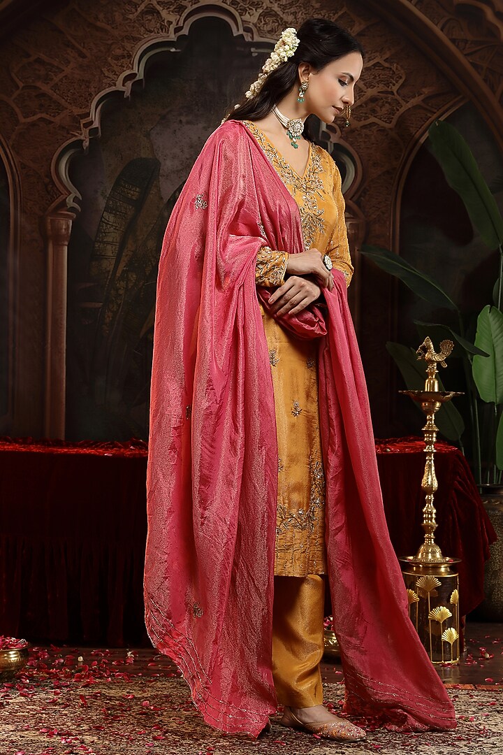 Yellow Tissue Organza Zardosi Embroidered Straight Kurta Set by Miku Kumar at Pernia's Pop Up Shop