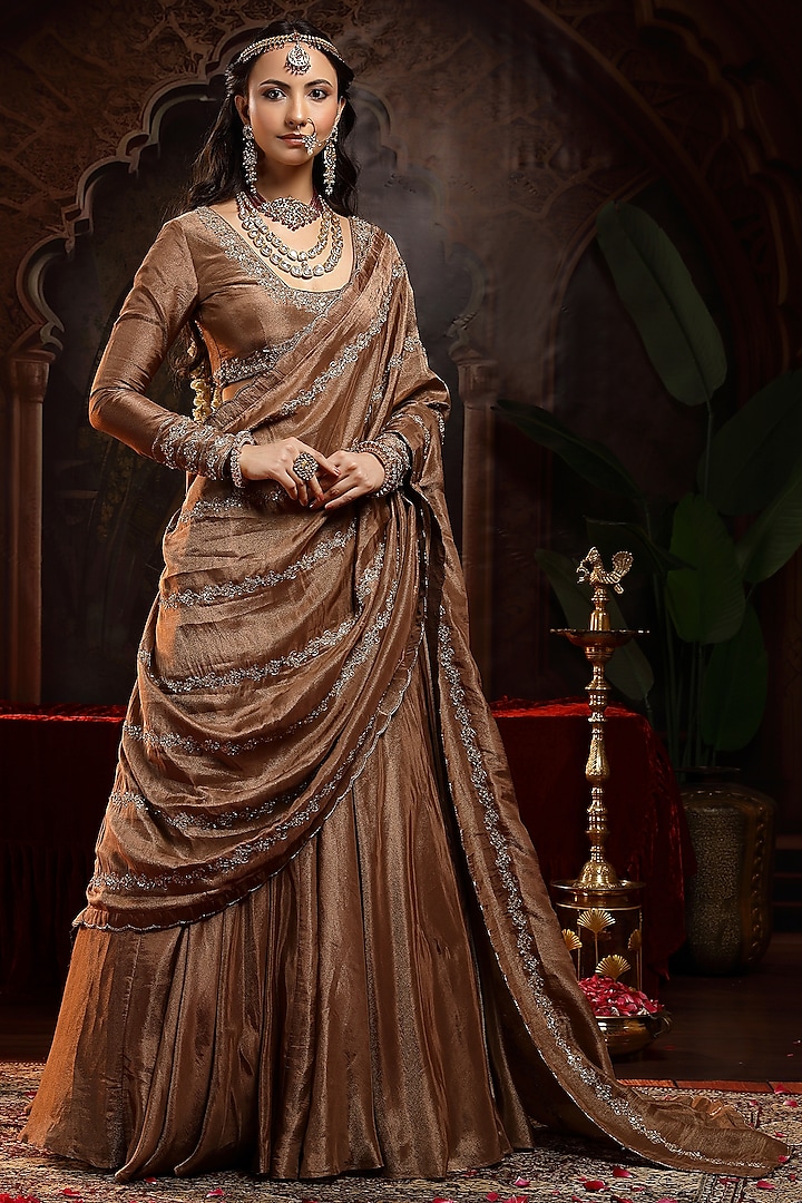 Copper Brown Tissue Organza Kalidar Wedding Lehenga Set by Miku Kumar at Pernia's Pop Up Shop
