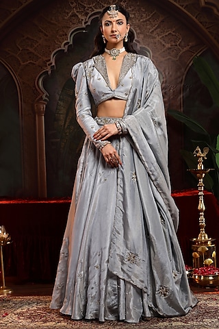 Grey Tissue Organza Kalidar Jacket Lehenga Set by Miku Kumar