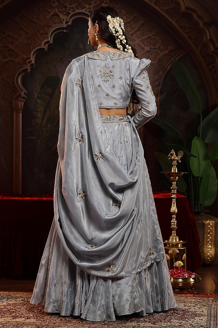 Grey Tissue Organza Kalidar Jacket Wedding Lehenga Set by Miku Kumar at Pernia's Pop Up Shop