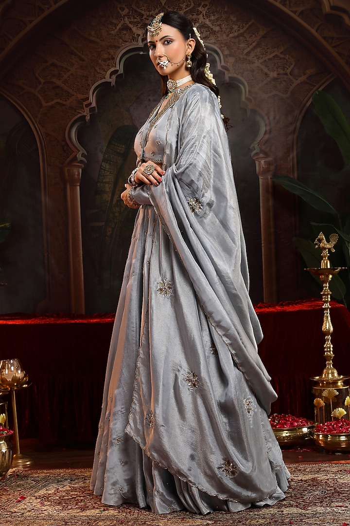 Grey Tissue Organza Kalidar Jacket Wedding Lehenga Set by Miku Kumar at Pernia's Pop Up Shop