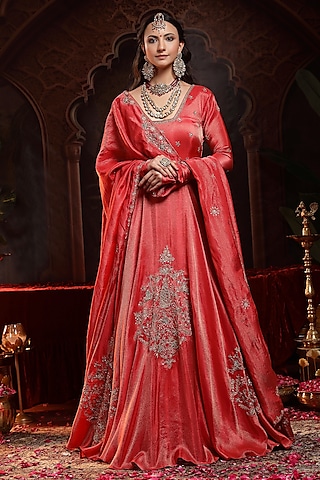Red Tissue Organza Zardosi Embroidered Anarkali Set by Miku Kumar
