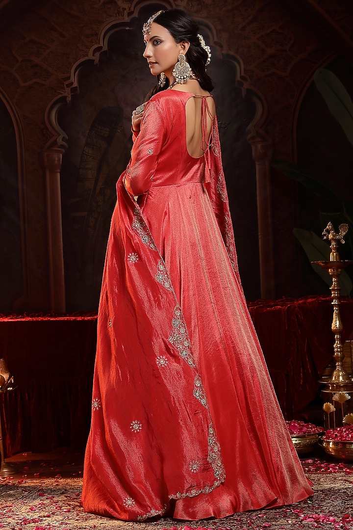 Red Tissue Organza Zardosi Embroidered Wedding Anarkali Set by Miku Kumar at Pernia's Pop Up Shop