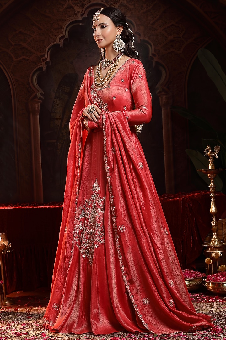 Red Tissue Organza Zardosi Embroidered Wedding Anarkali Set by Miku Kumar at Pernia's Pop Up Shop