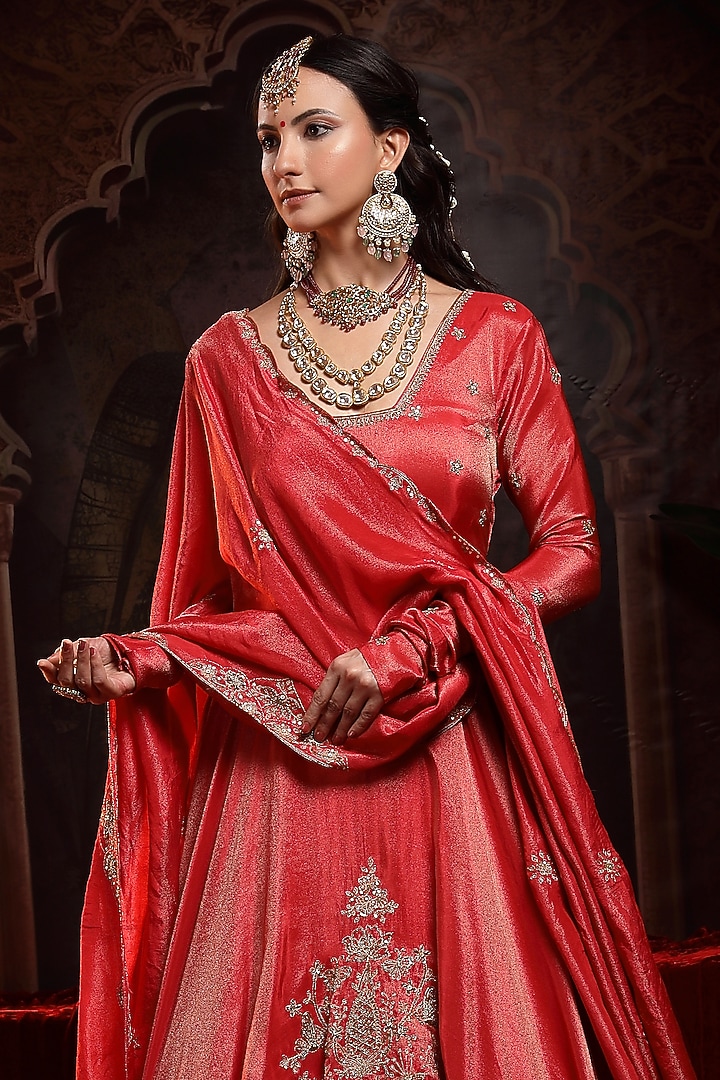 Red Tissue Organza Zardosi Embroidered Wedding Anarkali Set by Miku Kumar at Pernia's Pop Up Shop