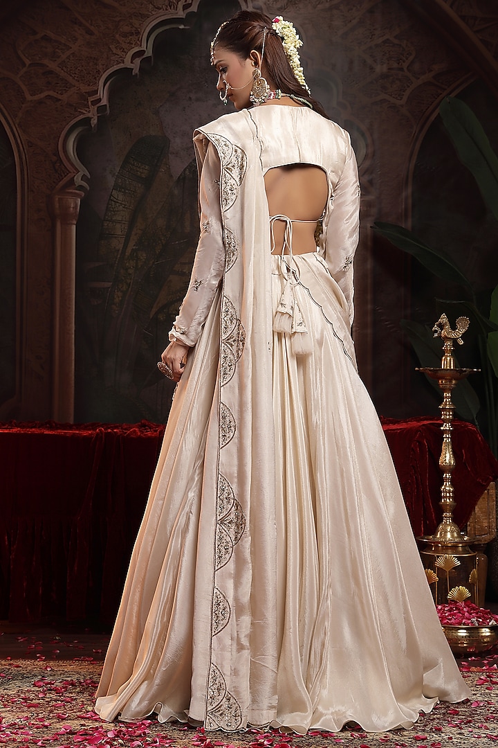 Ivory Tissue Organza Motif Embroidered Kalidar Wedding Lehenga Set by Miku Kumar at Pernia's Pop Up Shop