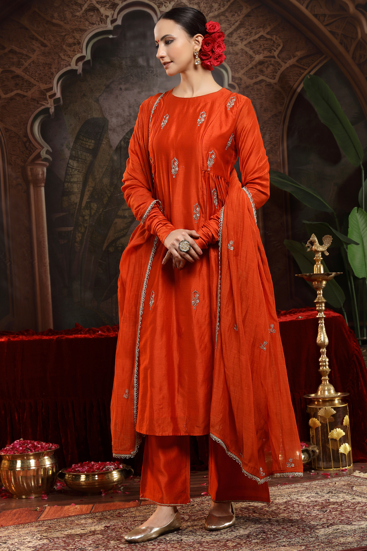 Orange Chanderi Silk Boota Embroidered A-Line Kurta Set by Miku Kumar at Pernia's Pop Up Shop