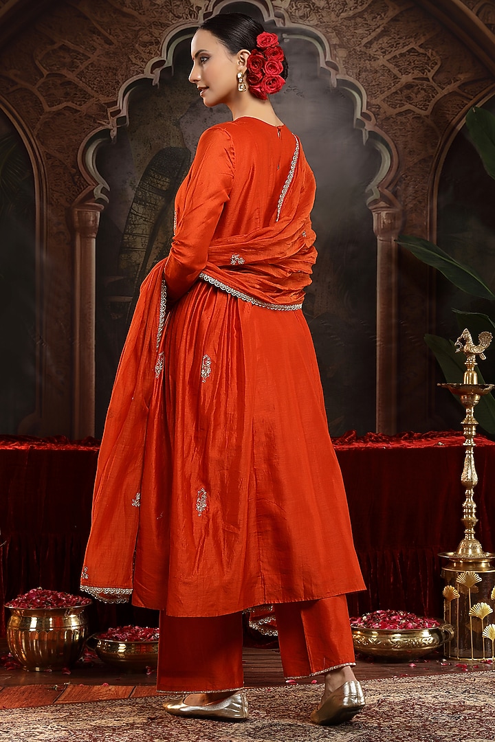 Orange Chanderi Silk Boota Embroidered A-Line Kurta Set by Miku Kumar at Pernia's Pop Up Shop
