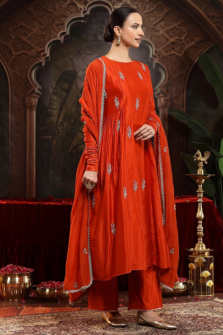 Orange Chanderi Silk Boota Embroidered A-Line Kurta Set by Miku Kumar at Pernia's Pop Up Shop