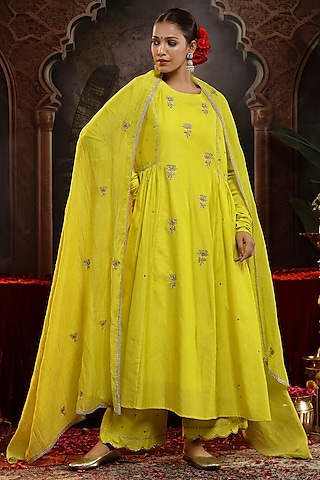 Lime Yellow Chanderi Silk Boota Embroidered A-Line Kurta Set by Miku Kumar