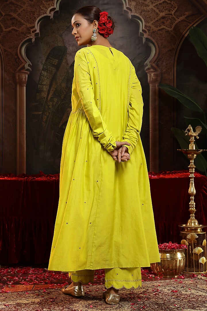 Lime Yellow Chanderi Silk Boota Embroidered A-Line Kurta Set by Miku Kumar at Pernia's Pop Up Shop