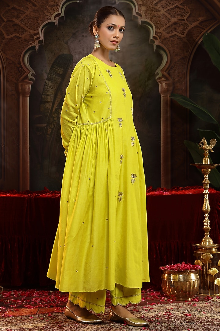 Lime Yellow Chanderi Silk Boota Embroidered A-Line Kurta Set by Miku Kumar at Pernia's Pop Up Shop