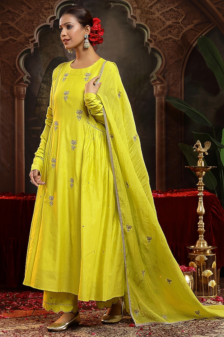 Lime Yellow Chanderi Silk Boota Embroidered A-Line Kurta Set by Miku Kumar at Pernia's Pop Up Shop