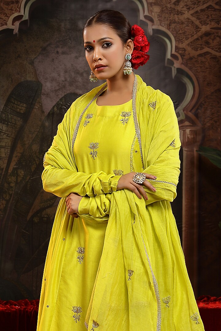 Lime Yellow Chanderi Silk Boota Embroidered A-Line Kurta Set by Miku Kumar at Pernia's Pop Up Shop