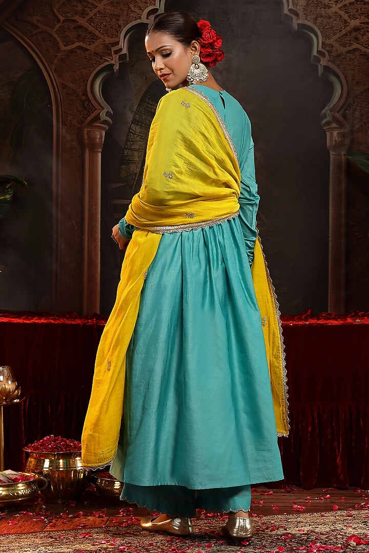 Firozi Blue Chanderi Silk Boota Embroidered A-Line Kurta Set by Miku Kumar at Pernia's Pop Up Shop