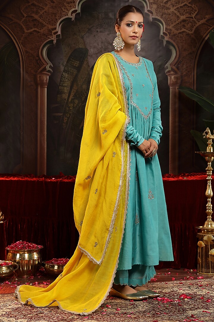Firozi Blue Chanderi Silk Boota Embroidered A-Line Kurta Set by Miku Kumar at Pernia's Pop Up Shop