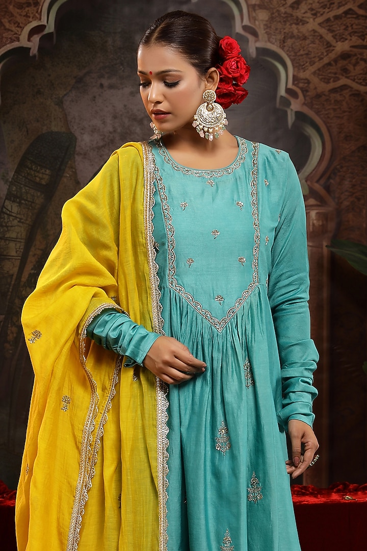 Firozi Blue Chanderi Silk Boota Embroidered A-Line Kurta Set by Miku Kumar at Pernia's Pop Up Shop
