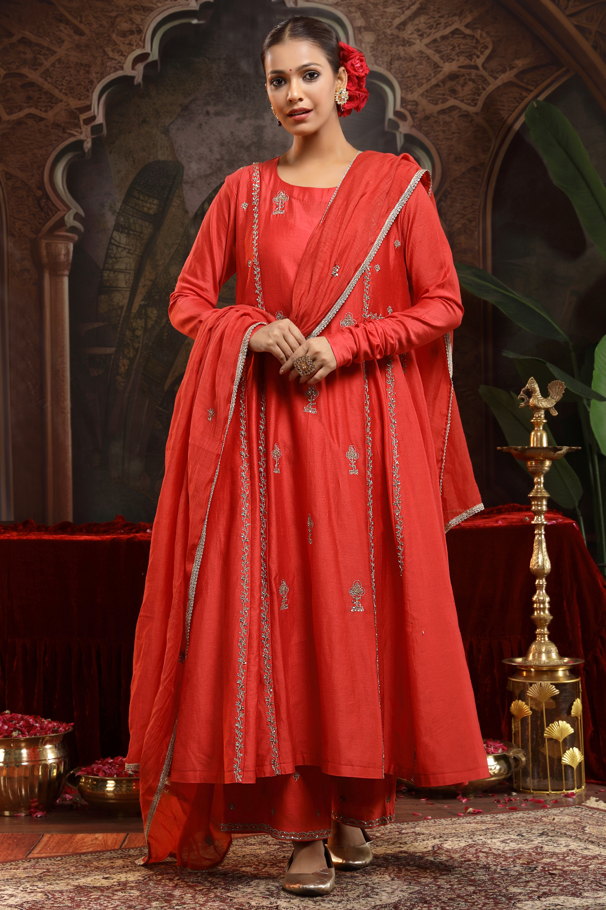 Red Chanderi Silk Boota Embroidered A-Line Kurta Set by Miku Kumar at Pernia's Pop Up Shop