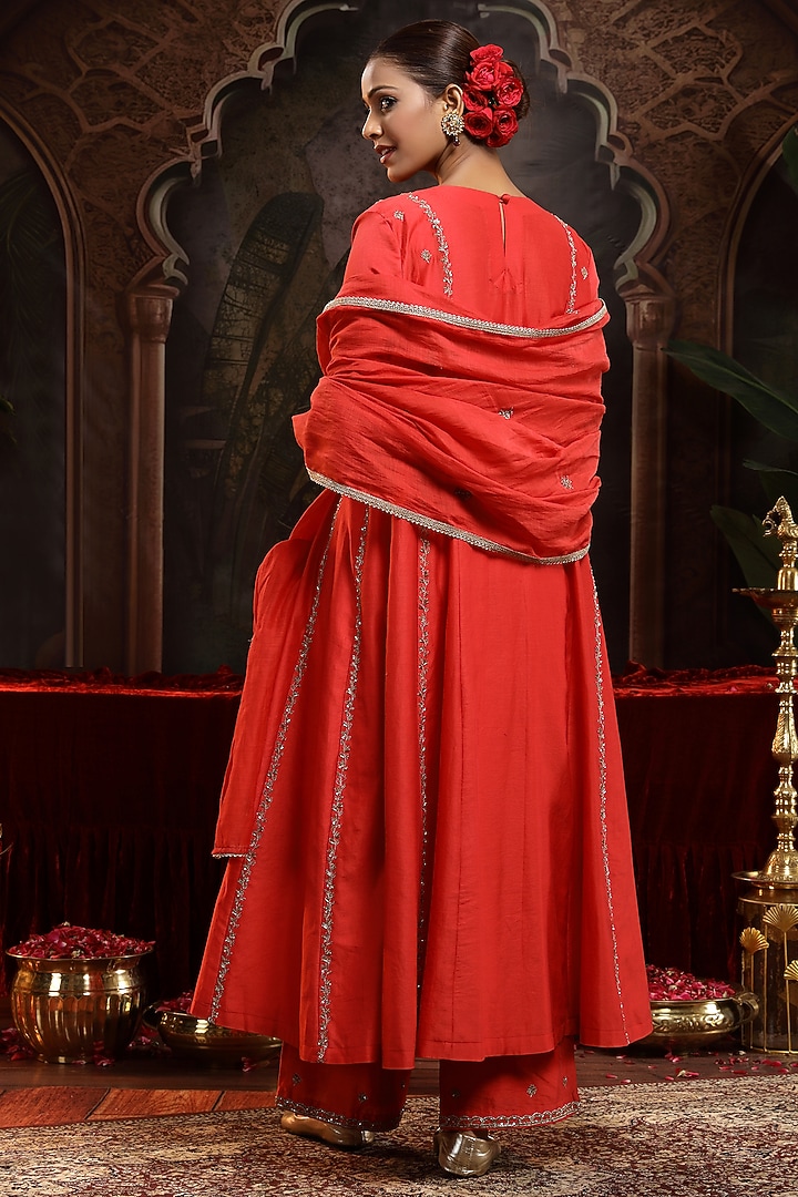 Red Chanderi Silk Boota Embroidered A-Line Kurta Set by Miku Kumar at Pernia's Pop Up Shop