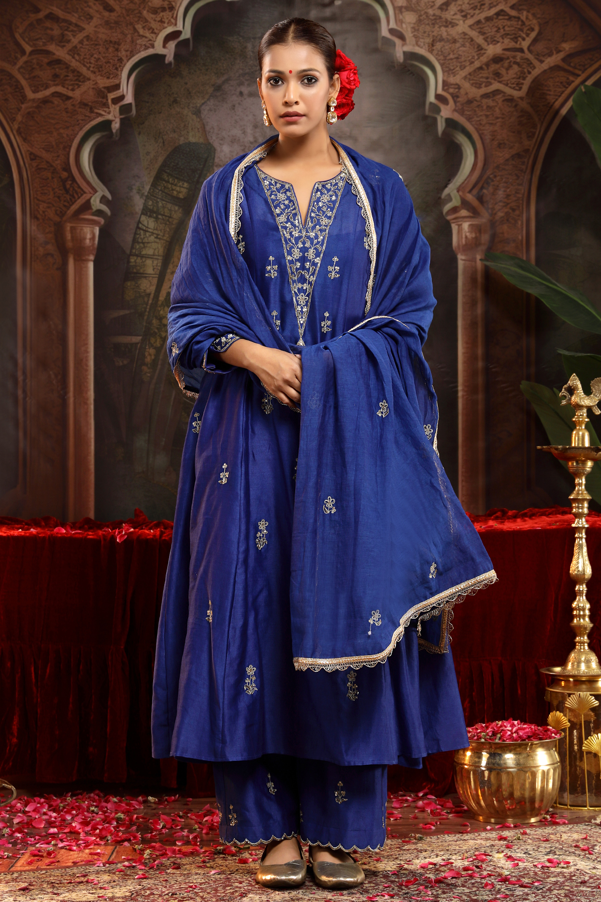 Blue Chanderi Silk Boota Embroidered A-Line Kurta Set by Miku Kumar at Pernia's Pop Up Shop