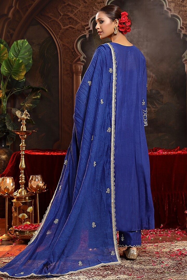 Blue Chanderi Silk Boota Embroidered A-Line Kurta Set by Miku Kumar at Pernia's Pop Up Shop