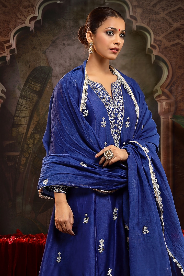 Blue Chanderi Silk Boota Embroidered A-Line Kurta Set by Miku Kumar at Pernia's Pop Up Shop