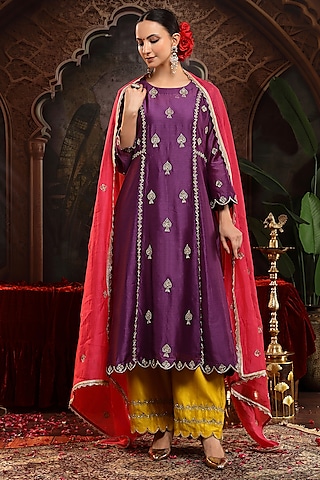 Purple Chanderi Silk Boota Embroidered A-Line Kurta Set by Miku Kumar