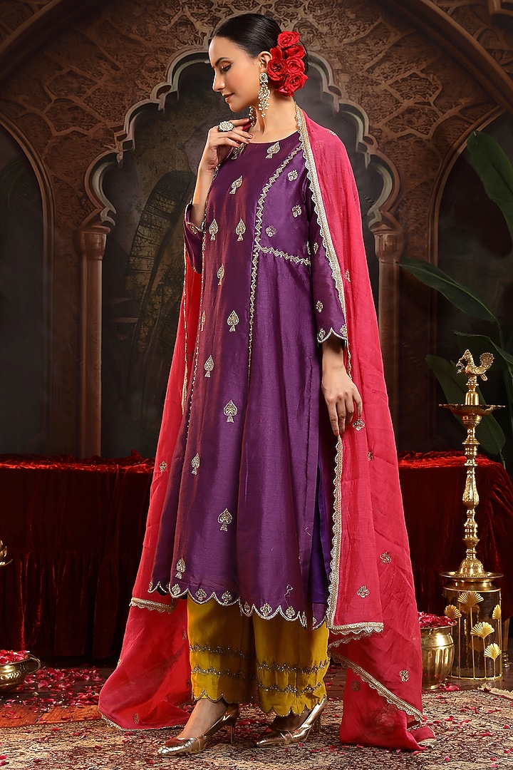 Purple Chanderi Silk Boota Embroidered A-Line Kurta Set by Miku Kumar at Pernia's Pop Up Shop