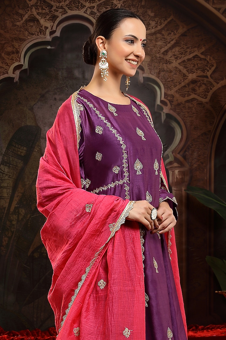 Purple Chanderi Silk Boota Embroidered A-Line Kurta Set by Miku Kumar at Pernia's Pop Up Shop