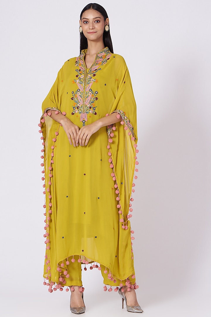 Yellow Thread Embellished Kaftan Set by Miku Kumar