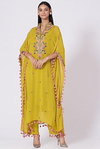 Yellow Thread Embellished Kaftan Set by Miku Kumar