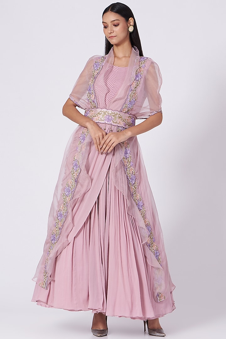Lavender Draped Gown With Cape by Miku Kumar