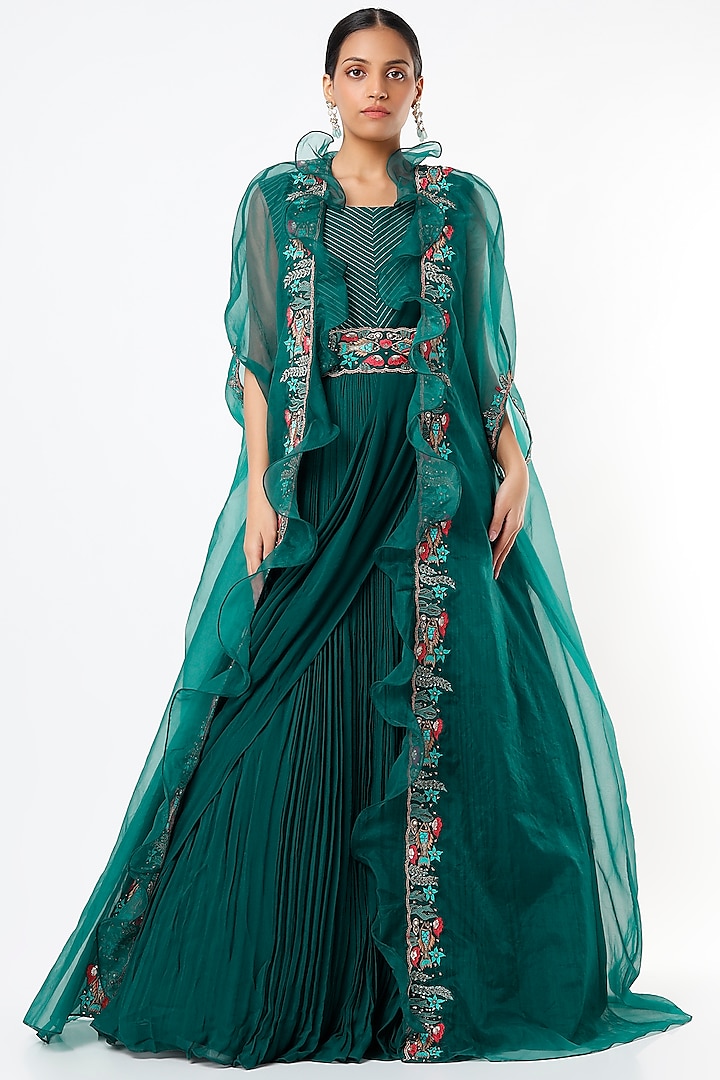 Peacock Blue Drape Gown With Cape by Miku Kumar