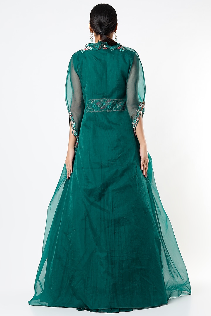 Peacock Blue Drape Engagement Gown With Cape by Miku Kumar at Pernia's Pop Up Shop