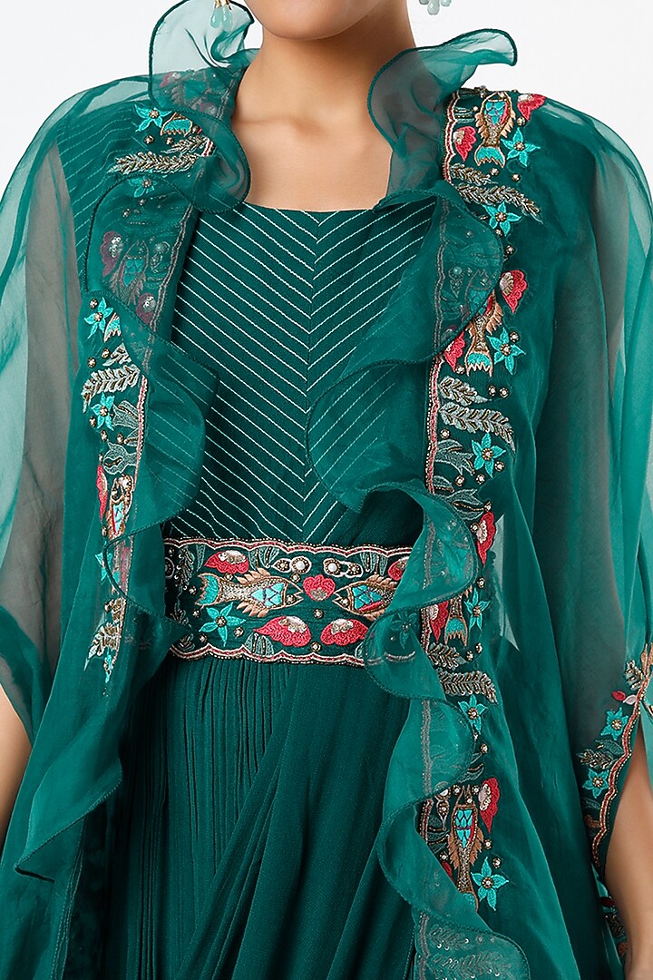 Peacock Blue Drape Engagement Gown With Cape by Miku Kumar at Pernia's Pop Up Shop