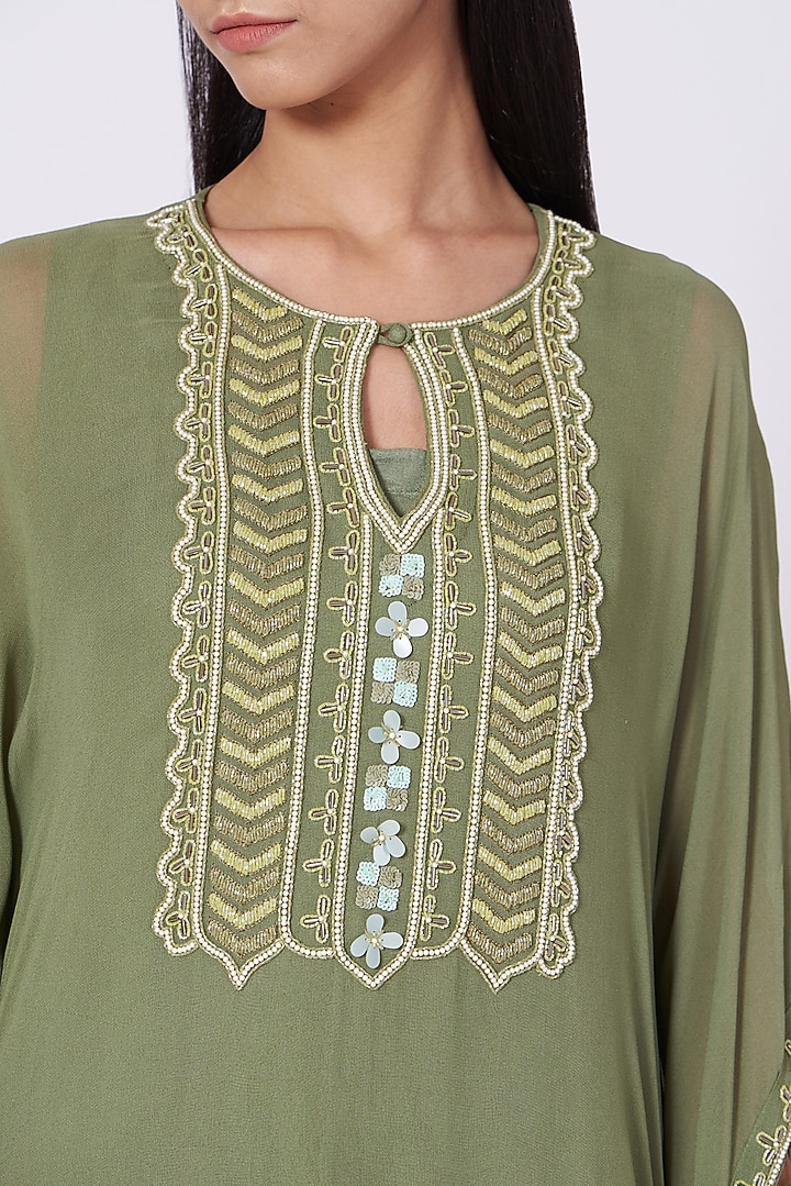 Olive Green Embellished Kaftan Set by Miku Kumar at Pernia's Pop Up Shop
