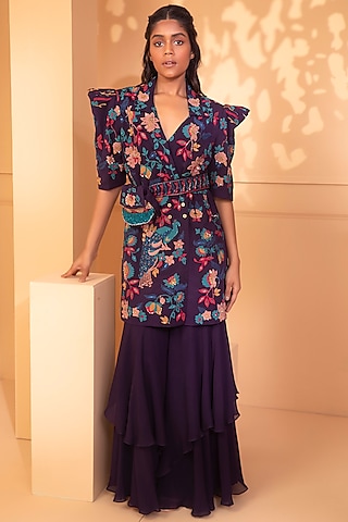 Purple Embroidered Jacket Set by Miku Kumar