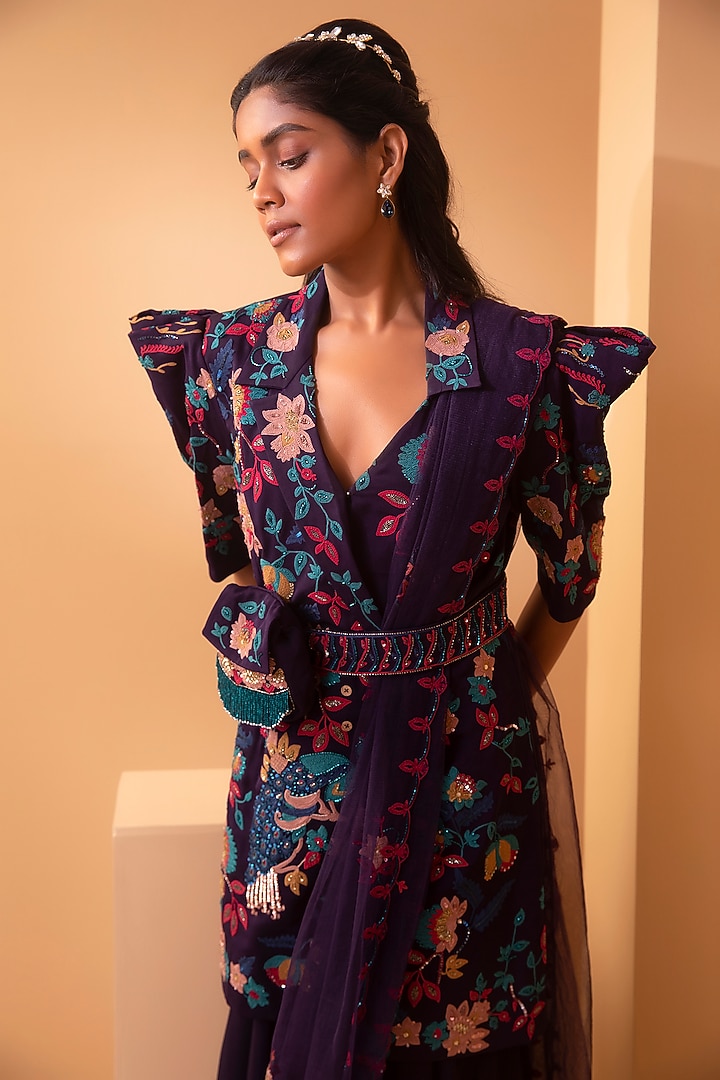 Purple Embroidered Jacket Set by Miku Kumar at Pernia's Pop Up Shop