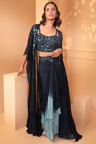 Teal Embroidered Skirt Set by Miku Kumar