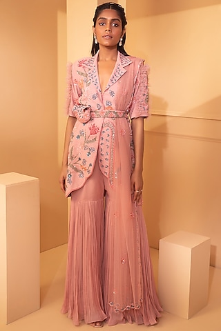 Peach Embroidered Jacket Set by Miku Kumar