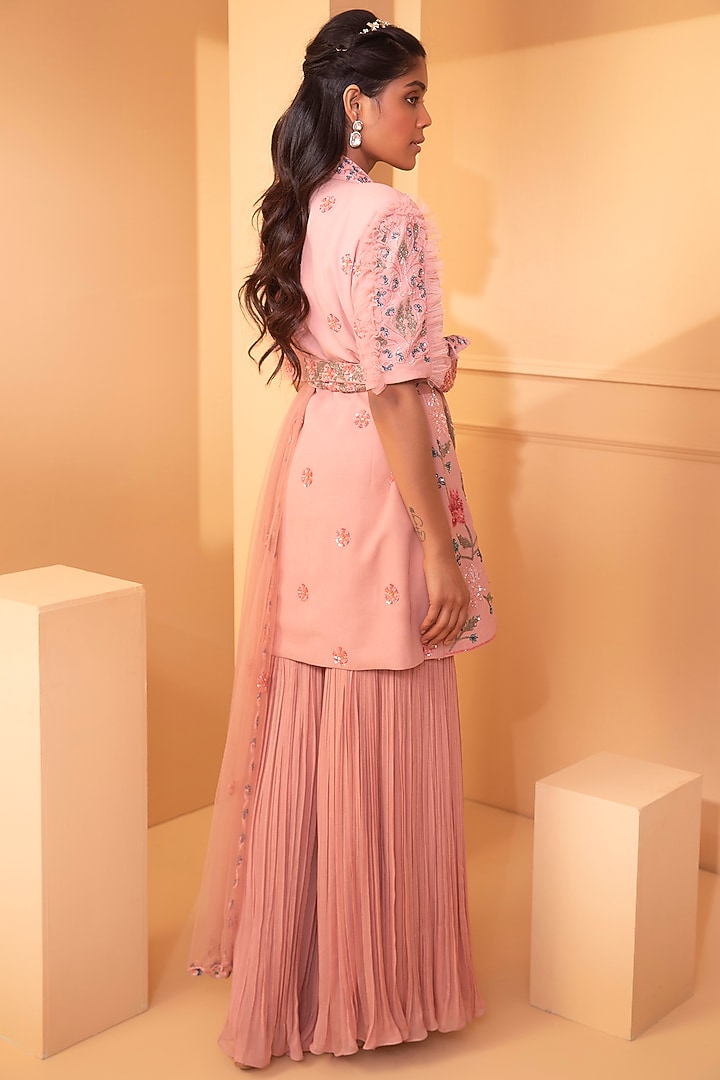 Peach Embroidered Jacket Set by Miku Kumar at Pernia's Pop Up Shop