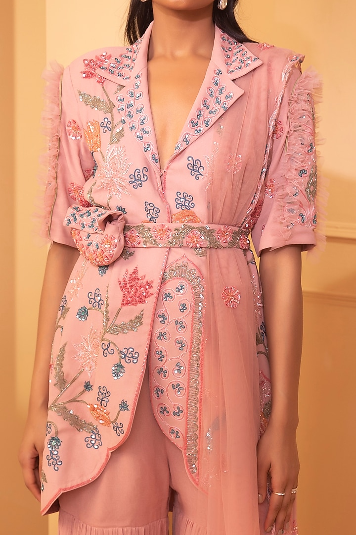 Peach Embroidered Jacket Set by Miku Kumar at Pernia's Pop Up Shop